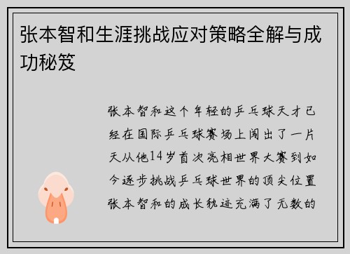 张本智和生涯挑战应对策略全解与成功秘笈