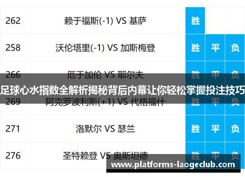 足球心水指数全解析揭秘背后内幕让你轻松掌握投注技巧 足球心水指数全解析揭秘背后内幕让你轻松掌握投注技巧
