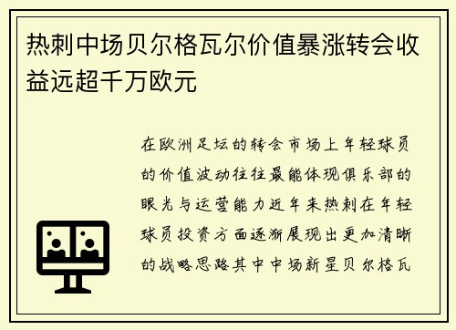 热刺中场贝尔格瓦尔价值暴涨转会收益远超千万欧元