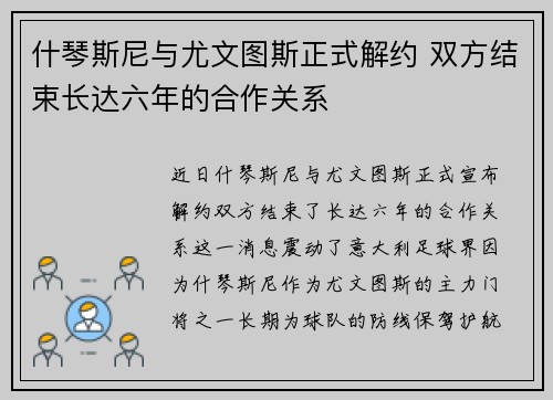 什琴斯尼与尤文图斯正式解约 双方结束长达六年的合作关系 什琴斯尼与尤文图斯正式解约 双方结束长达六年的合作关系